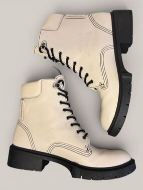 COACH Lorimer Lace Up Lug Sole Combat Leather Booties  Chalk Sz 6